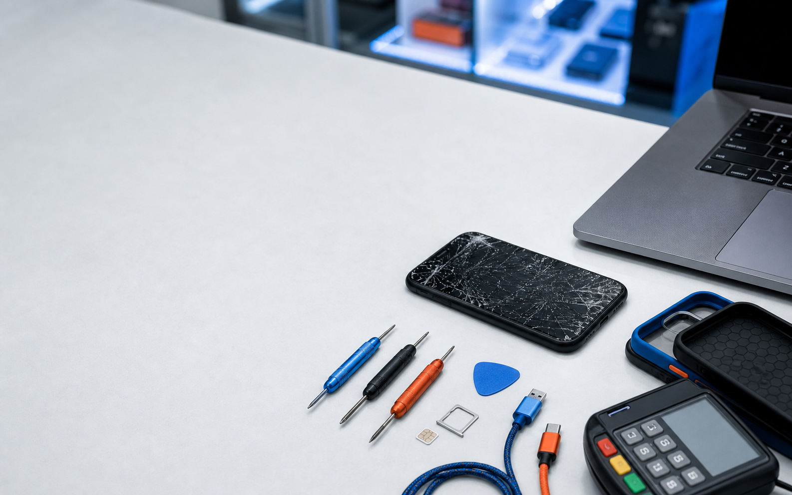 Phone and computer repair tools arranged on a clean electronics counter